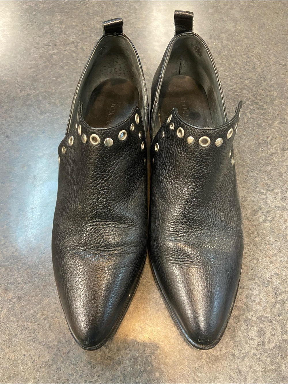 Rebecca Minkoff Black Leather Pointed Slip-On Boots with Silver Studs